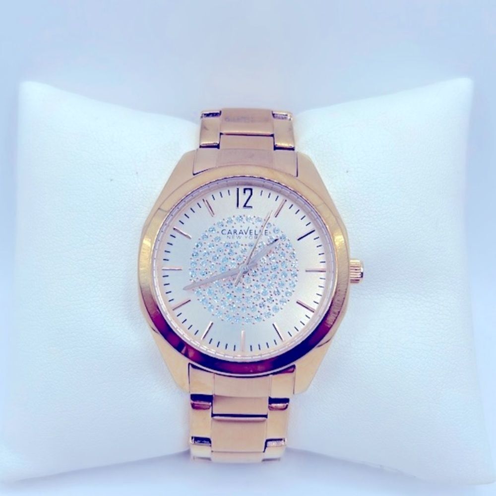 Working! Caravelle New York Rose Gold Rhinestone Face Ladies Watch